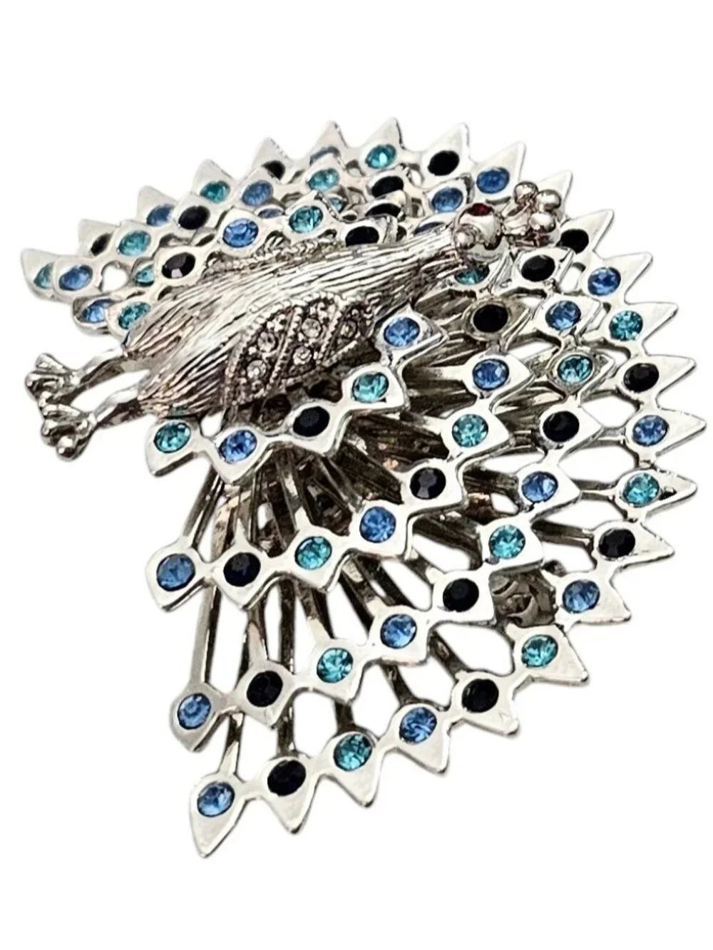 Peacock Brooch Blue Teal, Black Rhinestone Pin L574